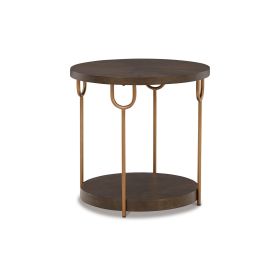 24 Inch Modern Round Side End Table, Espresso Brown Wood, Gold Metal Legs