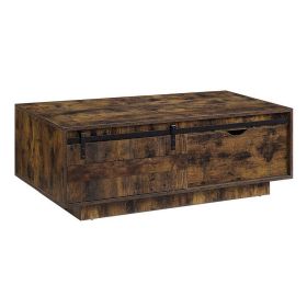 Rick 47 Inch Rustic Oak Coffee Table, Sliding Barn Door, Single Drawer