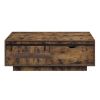 Rick 47 Inch Rustic Oak Coffee Table, Sliding Barn Door, Single Drawer