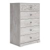 46 Inch 5 Drawer Modern Tall Dresser Chest, Whitewashed Carved Design Wood