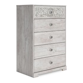 46 Inch 5 Drawer Modern Tall Dresser Chest, Whitewashed Carved Design Wood