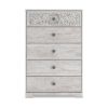 46 Inch 5 Drawer Modern Tall Dresser Chest, Whitewashed Carved Design Wood