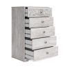 46 Inch 5 Drawer Modern Tall Dresser Chest, Whitewashed Carved Design Wood