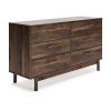 Kip 59 Inch Modern Dresser, Brown Wood Frame, 6 Drawers, Gold Metal Handles