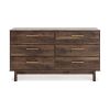 Kip 59 Inch Modern Dresser, Brown Wood Frame, 6 Drawers, Gold Metal Handles