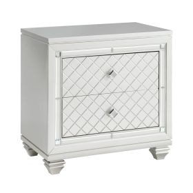 Piros 29 Inch 2 Drawer Nightstand, Diamond Pattern, Mirrored Frame, Silver