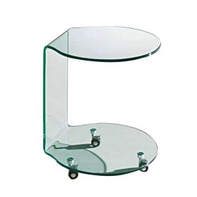 24 Inch Curved Glass End Table, Cylindrical Design, Caster Wheels, Clear