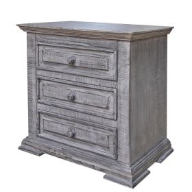 Siya 32 Inch Nightstand, 3 Drawers, Distressed Gray Pine Wood Molded Design