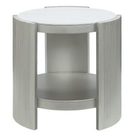 Kyna 26 Inch Side End Table, Modern Sintered Top, 1 Shelf, Round, Champagne Silver