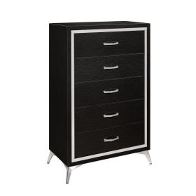 Sami 49 Inch Tall Dresser, 5 Drawers, Mirror Trim, Embossed Texture, Black