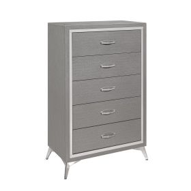 Sami 49 Inch Tall Dresser, 5 Drawers, Mirror Trim, Embossed Texture, Gray