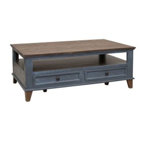 Rozy 50 Inch Coffee Table, Pine Wood, 4 Drawers, Open Shelf, Brown, Blue