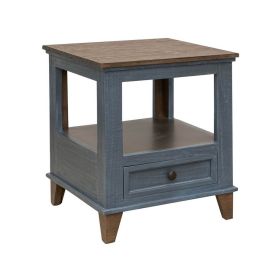 Rozy 26 Inch Side End Table, Pine Wood, 1 Drawer, Open Shelf, Brown, Blue