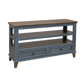 Rozy 55 Inch Sofa Table, Pine Wood, 2 Drawers, Open Shelves, Brown, Blue