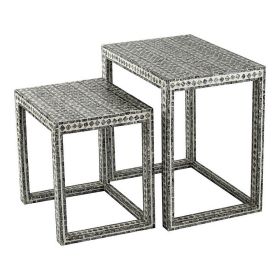 Set of 2 Nesting Side End Tables, Capiz Inlaid Design, Gray and White