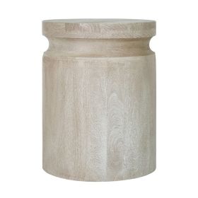 Kiv 24 Inch Side End Table, Round Mango Wood Top, Carved Accent Base, Cream