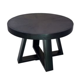 Raj 24 Inch Round Coffee Table, Cross Leg Design, Black Acacia Wood, Iron