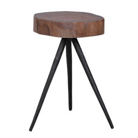 24 Inch Side End Table, Round Mango Wood Brown Tree Top, Black Metal Tripod