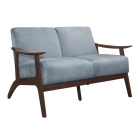 Rica 51 Inch Loveseat, Soft Blue Gray Velvet, Walnut Brown Solid Wood