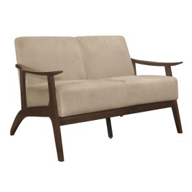 Rica 51 Inch Loveseat, Curved, Soft Beige Velvet, Walnut Brown Solid Wood