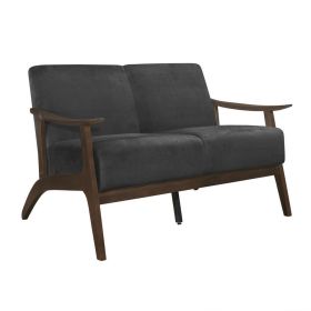 Rica 51 Inch Loveseat, Curved, Dark Gray Velvet, Walnut Brown Solid Wood