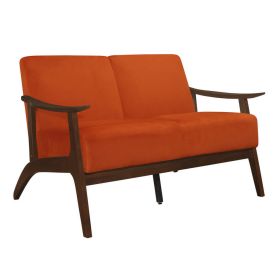 Rica 51 Inch Loveseat, Curved, Soft Orange Velvet, Walnut Brown Solid Wood