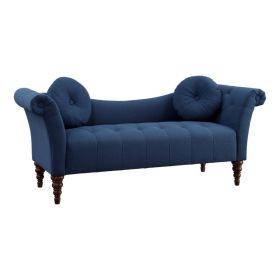 Ria 75 Inch Settee Chaise, 2 Pillows, Blue Polyester, Brown Solid Wood