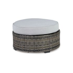 Saki 32 Inch Outdoor Ottoman, Round Cushion, Wicker, Light Gray Fabric