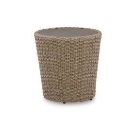 22 Inch Outdoor End Table, Round Shape, Handwoven Resin Wicker, Beige Brown