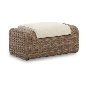 Julia 38 Inch Outdoor Ottoman with Cushion, Resin Wicker, Beige Fabric