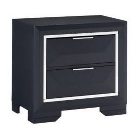 Rosy 27 Inch Nightstand, 2 Drawers, Chrome Accents, Midnight Blue Wood