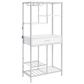 Roa 67 Inch Wine Bar Storage with 5 Shelves, 1 Drawer, White, Chrome Metal