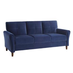 Sarah 80 Inch Sofa, Blue Velvet, Stitch Tufting, Reversible Cushions
