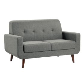 Rim 56 Inch Loveseat, Gray Polyester, Tufted Back, Brown Solid Wood
