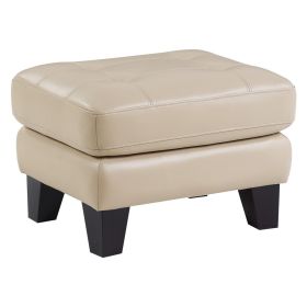 Sofy 27 Inch Ottoman, Beige Top Grain and Faux Leather, Solid Wood Feet