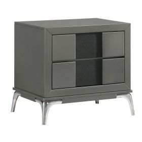 Rya 23 Inch Modern Nightstand with 2 Drawers, Gray Wood, Angled Chrome Legs