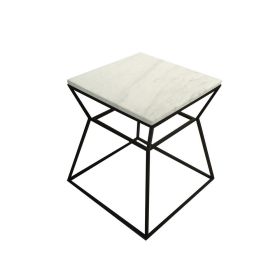 Lio 18 Inch Side End Table, White Marble Top, Open Hourglass Frame, Black