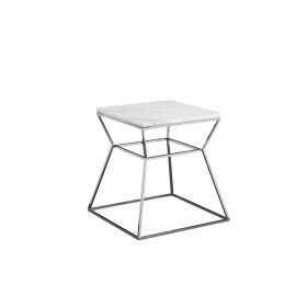 Lio 18 Inch Side End Table, White Marble Top, Silver Open Hourglass Frame