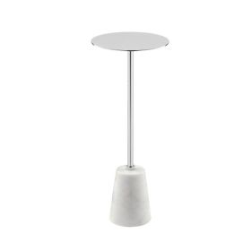 Sen 21 Inch Drink Side End Table, Cone White Marble Base, Chrome Metal Top