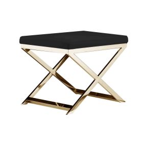 Sovi 20 Inch Ottoman Stool, Black Faux Leather, Stainless Steel Frame, Gold