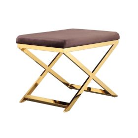 Sovi 20 Inch Ottoman Stool, Chocolate Brown Velvet, Stainless Steel, Gold