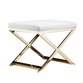Sovi 20 Inch Ottoman Stool, White Faux Leather Seat, Stainless Steel Frame, Gold