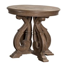Gia Side End Table, 27 Inch Round Top, Carved Details, Brown Solid Wood