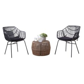 Zyan 3pc Outdoor Set, 2 Accent Chairs with Table, Black Steel, Brown Rattan