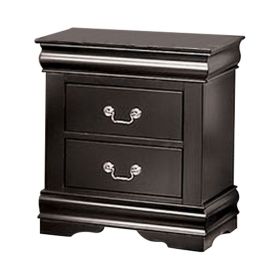 Ryla Nightstand, 2 Drawers, Black Solid Wood, Nickel Metal Drop Handles