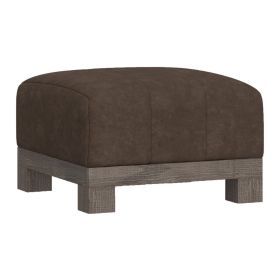 Sama Ottoman with Block Feet, 28 Inch Square Solid Wood, Brown Fabric