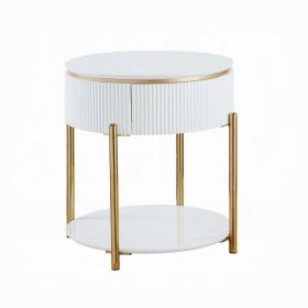 Tyce Side End Table with Drawer, 22 Inch Glossy White, Gold Metal