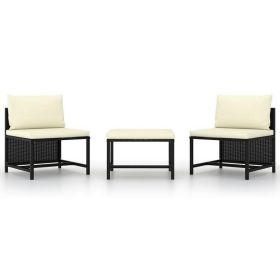 Reno 3pc Outdoor Modular Sofa Set with Ottoman, Ivory, Black Rattan