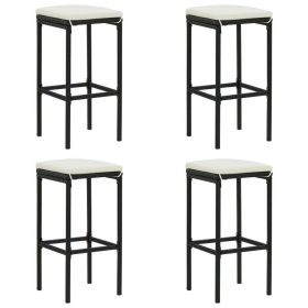 Outdoor Barstool Set of 4, Cream White Cushion, Black Poly Rattan