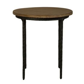 Lemy Side End Table, 22 Inch Rustic Round Brown Top, Black Metal Legs